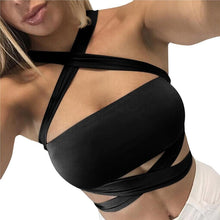 Bandage Tank Top Cross Bandage Hollow Out Women Cropped Tops Slim Black Sleeveless Halter Top Canotta Intima Donna#1521 SM6