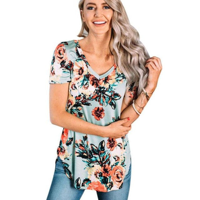 Basic T Shirt Women Short Sleeve Womens Tops   Flower Print Tee Shirt Women T-Shirts Cotton New Tshirt #425 SM6