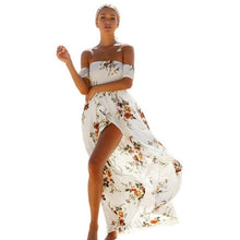 Beach Strapless Boho Dress Women  New Off Shoulder Ladies Floral Printed Irregular Splite Short Sleeve Long Dress Female #63 SM6