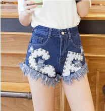 Beading High Waist Women Denim Shorts  New Female Summer Skinny Burrs Short Jeans Korea Fashion Letter Print Short 71156 SM6