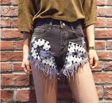 Beading High Waist Women Denim Shorts  New Female Summer Skinny Burrs Short Jeans Korea Fashion Letter Print Short 71156 SM6