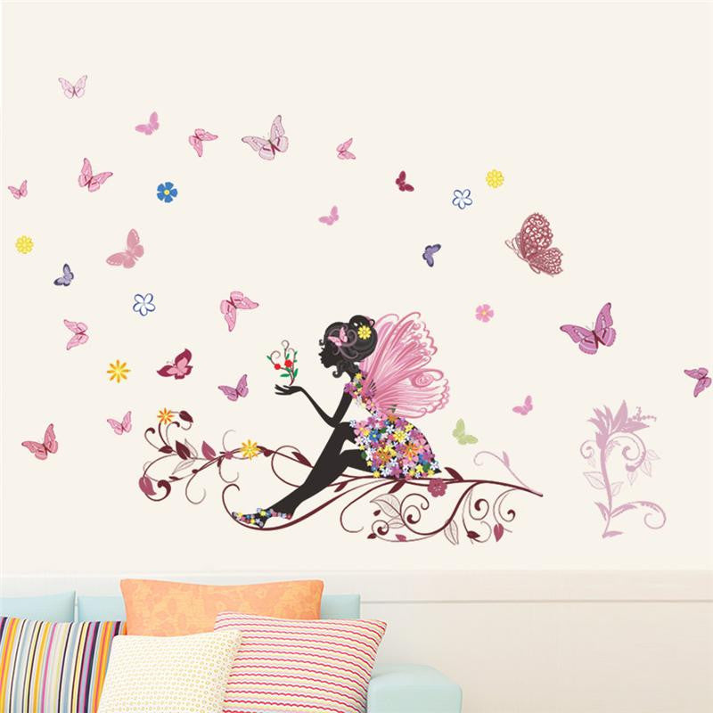Beautiful Girl Butterfly Flower Art Wall Sticker For Home Decor DIY Personality Mural Child Room Nursery Decoration Print Poster SM6