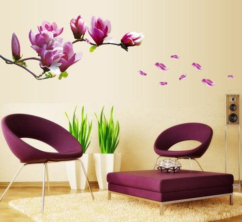 Big Magnolia Flowers Walls 3d Wall Stickers Home Decor Sticker Flower Removable Background Purple 50*70CM SM6