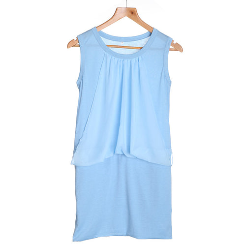 Big Women Dress Chiffon O Neck Office Dress Sleeveless Csual Bodycon Dress Vestidos BlueWhite Olus Size SM6