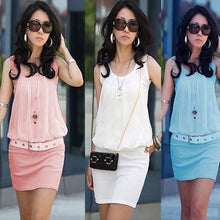 Big Women Dress Chiffon O Neck Office Dress Sleeveless Csual Bodycon Dress Vestidos BlueWhite Olus Size SM6