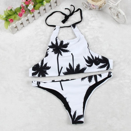 Bikinis Women Bandage Crop Top Printing Beach Coconut Tree Backless Halter Top Strappy Bralette Short Bustier Top#B721 SM6