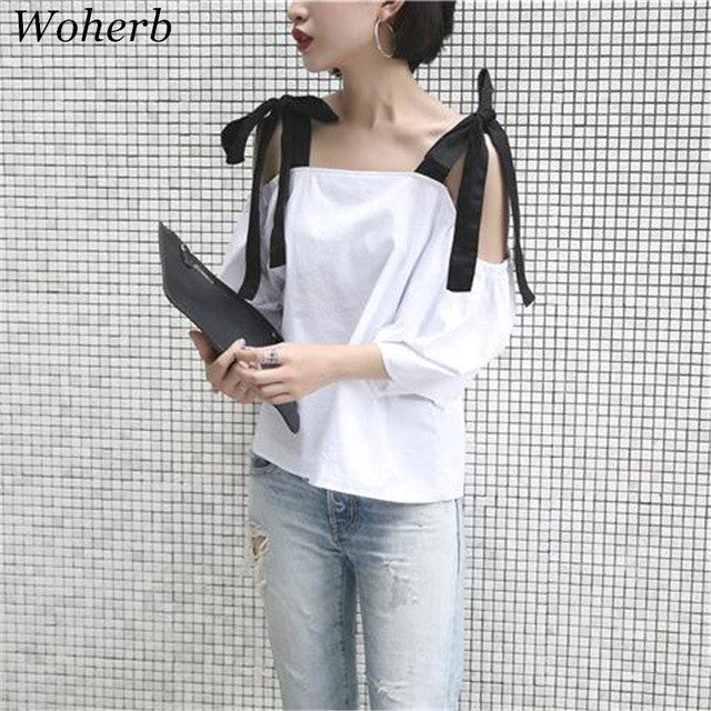 Black Bow Tie Sexy White t-shirt  New Korean Women T shirts Sweet Women Short Sleeve Female Slash neck Tops Plus Size 72672 SM6