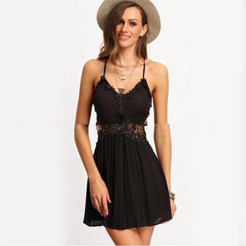 Black Chiffon Dress Women  New Arrival  Beach V Neck Lace Sleeveless Backless Bandage Evening Party Mini Dress #63 SM6