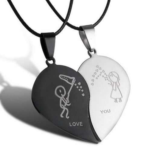 Black Cord Necklace Stainless Steel Engrave Love You Pendants Necklace Jewelry 2PCS Couple Broken Heart Choker Necklaces SM6