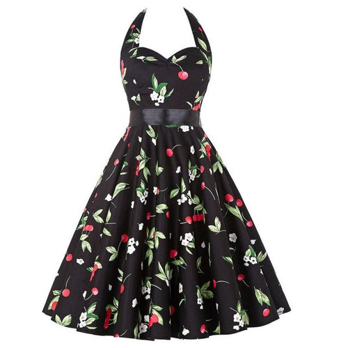 Black Dress Sexy Backless Halter V-Neck Bow Cheey Printing Floral Vintage Dress Off Shoulder Vestidos De Festa Curto#B715 SM6