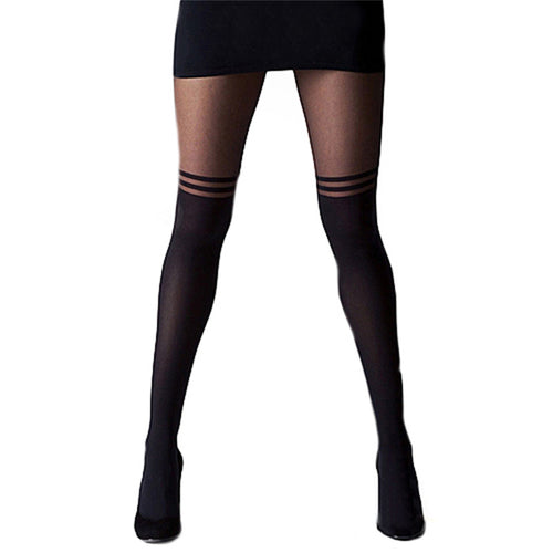 Black Sexy Women Temptation Sheer Mock Suspender Tights Cool Mock Over The Knee Double Stripe Sheer Tights Pantyhose Stockings SM6