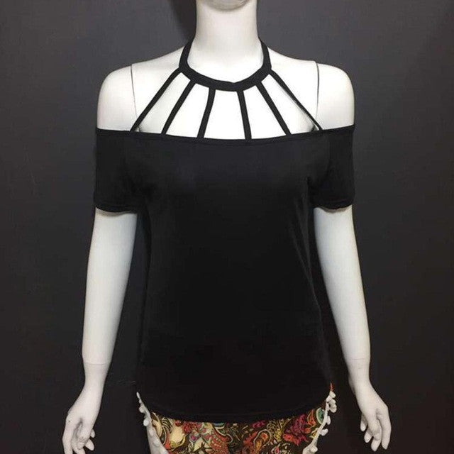 Black Tee Shirts Women Fashion Hollow Out Strapless Women Sexy Cross Tops Short Sleeve Shirt Casual T-Shirt Female  #23 SM6