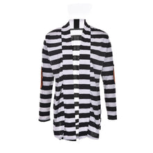 Black   White Striped Elbow Patching PU Leather Long Sleeve Knitted Cardigan Slim Women Sweater SM6