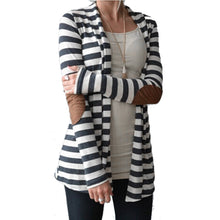 Black   White Striped Elbow Patching PU Leather Long Sleeve Knitted Cardigan Slim Women Sweater SM6