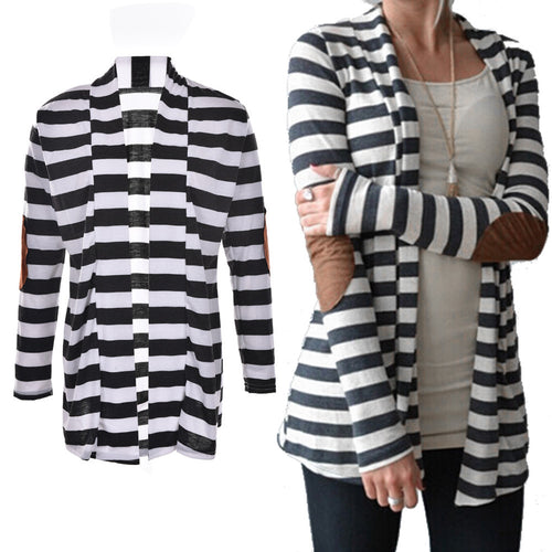 Black   White Striped Elbow Patching PU Leather Long Sleeve Knitted Cardigan Slim Women Sweater SM6