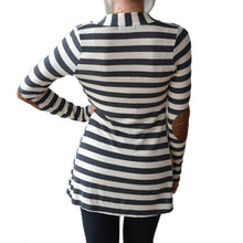 Black   White Striped Elbow Patching PU Leather Long Sleeve Knitted Cardigan Slim Women Sweater SM6
