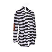 Black   White Striped Elbow Patching PU Leather Long Sleeve Knitted Cardigan Slim Women Sweater SM6