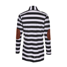 Black   White Striped Elbow Patching PU Leather Long Sleeve Knitted Cardigan Slim Women Sweater SM6