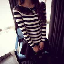 Black   white striped blouse Knitted women tops lace floral embroidery shirts long sleeve knitwear Women Formal Tops SM6