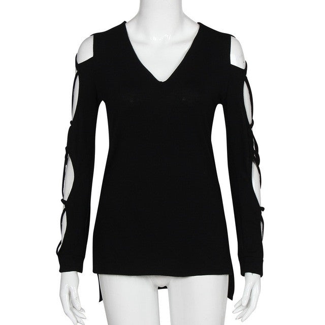 Blouse Plus Size 4XL Blouse Women Sexy Hollow Out Long Sleeve Casual Tops Cross Bandage Irregular Blouse Roupa Feminina#A909 SM6