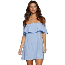Blue Casual Dresses   Cotton Ruffle Sleeve Loose Waist Ladies Short Dress Slash Neck Elegant Beach Mini Dress SM6