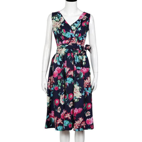 Blue Dress Off Shoulder Sleeveless Ladies Dress Printing Floral Slash V-Neck Summer Dress Retro Flower Vestido Vintage#C806 SM6