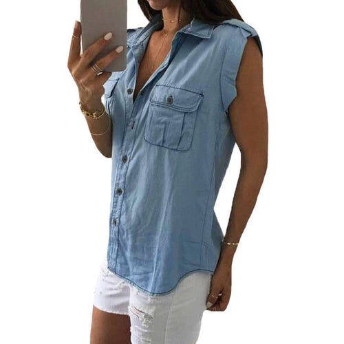 Blue Jean Denim Women Lady Tops Casual Sleeveless Blue Shirts Pocket Brief Tops Outwear Clothing Vest SM6
