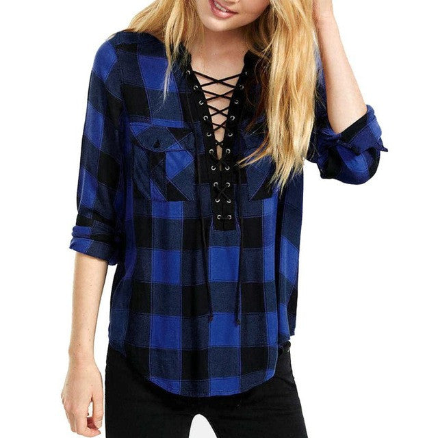 Blue Plaid Deep V Neck Women    Tops  Fashion Blouse Women Shirts Lacing Loose Casual Ladies Blouses #23 SM6
