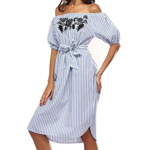 Blue Whit Striped  Shirts Dress Women  Off shoulder Mid Dress Short Sleeve Slash Neck Casual Dress vestidos mujer #23 SM6