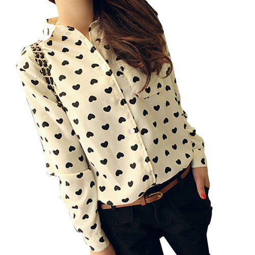 Blusas Feminina Fashion 2016 New Women Chiffon Blouses Lapel Collar LongSleeve Love Heart Print Blouse Shirts Sweet Casual Tops SM6