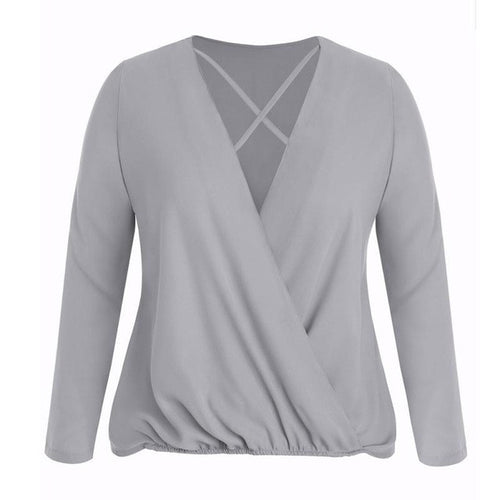 Blusas Femininos   Chiffon Solide Cross Deep V Neck Shrts Women Blouses Shirt Long Sleeve Tops Women Clothing #23 SM6