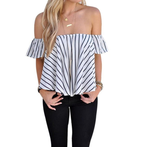 Blusen Women  Fashion Striped Sexy Off Shoulder Tops Ruffles Sleeve  Women Blouses Slash Neck Shirts Chemisier Femme SM6