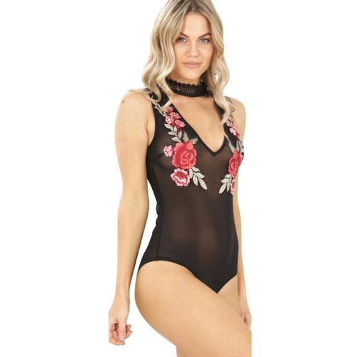 Bodysuits Women   Appliques Rose Floral Bodycon Mesh Lace Bodysuit Short Jumpsuit Leotard Tops combinaison femmes #63 SM6
