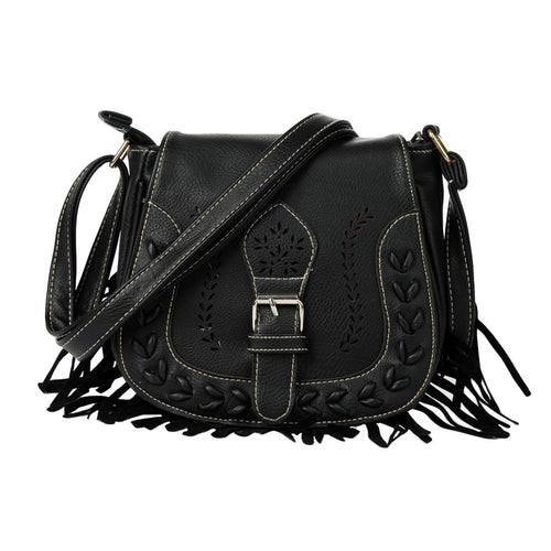 Bohemia Women PU Leather Crossbody Bag Tassel Hollow Out Cover Messenger Bags Zipper Casual Vintage Small Shoulder Bags Black SM6