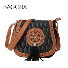 Bohemia Women PU Leather Crossbody Bag Tassel Hollow Out Cover Messenger Bags Zipper Casual Vintage Small Shoulder Bags Black SM6