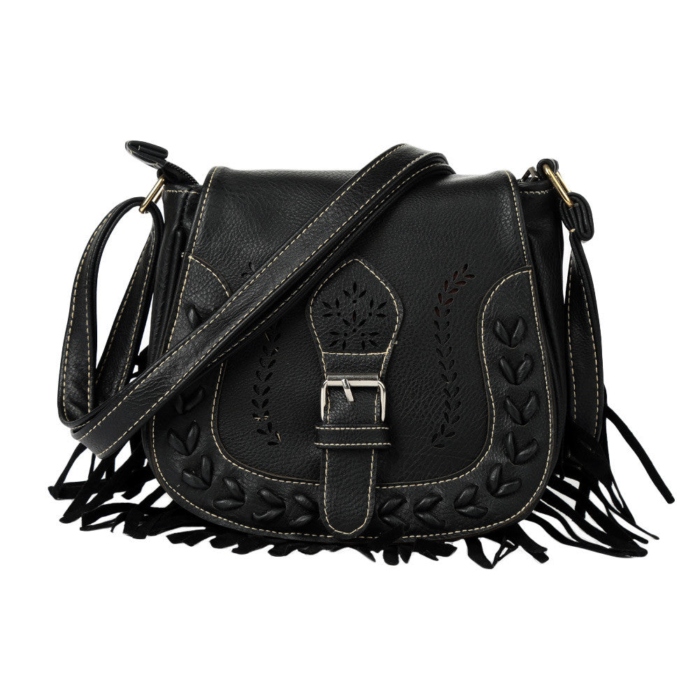 Bohemia Women PU Leather Crossbody Bag Tassel Hollow Out Cover Messenger Bags Zipper Casual Vintage Small Shoulder Bags Black SM6