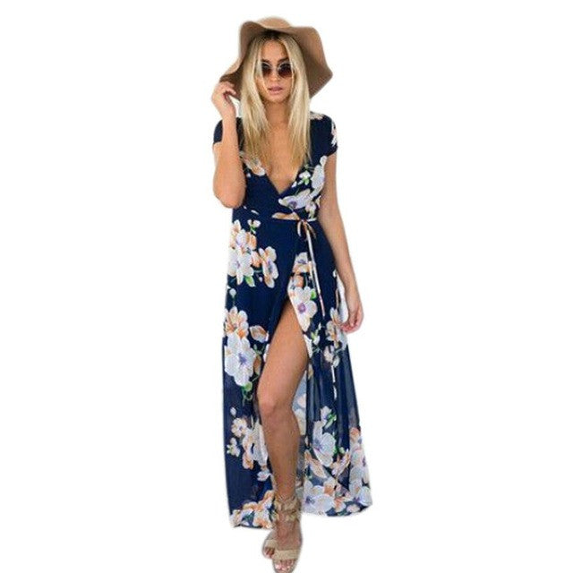Bohemian Dress   New Women Maxi Dress V Neck Chiffon Dresses Sexy Long Dress,Robe Longue Femme,Vestido De Festa Longo SM6