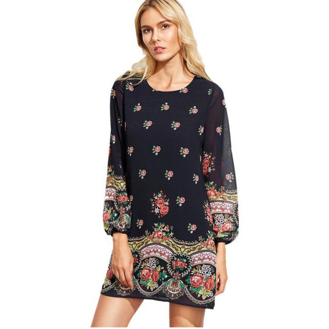 Bohemian Style  Dress  Women Floral Print O Neck Long Sleeve Print Chiffon Mini Dress vestidos mujer Women Clothing#43 SM6