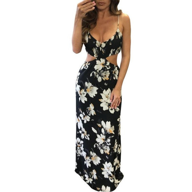 Boho Floral print chiffon maxi dresses Lady Sling Strapless Hollow Out Backless Beach  Sexy Women Long Dress Vestidos #63 SM6