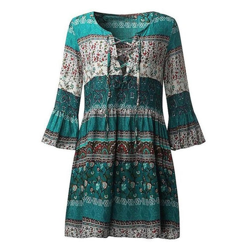 Boho Style   Women Floral Print Three Quarter Short Mini Dress Ladies Beach V Neck Bandage Vintage Dress Women #419 SM6