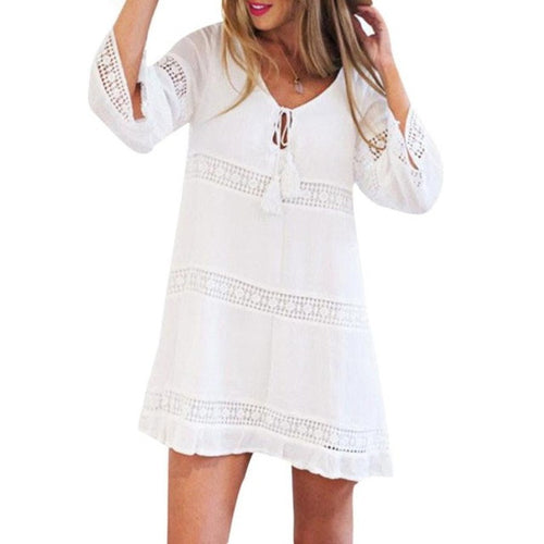 Boho Style Loose Women's Dresses   Three Quarter Sleeve Lace Beach Short Mini Dress Women Vestidos #23 SM6