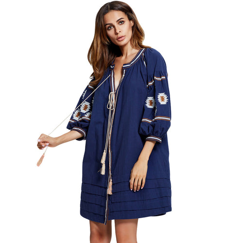 Boho Women Vintage Shirt Dress Embroidery Puff Sleeve Short Dress Button Tasseled Rope Pleated Belt Long Loose Top WhiteBlue SM6