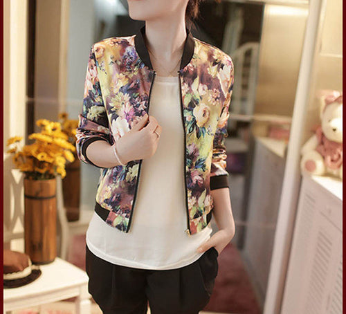 Bomber Jacket Long Sleeves Baseball Jacket Autumn Coat 2017 Flower Printing Fashion Leisure Women Stand Collar Blusas Mujer#B813 SM6