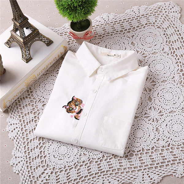 Brand New Cat Print Blouse Embroidery Blusas Femininas Long Sleeve Turn Down Collar Casual Fashion Work Shirts With Button 70020 SM6