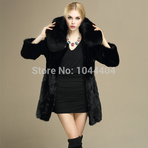 Brand Luxury Women Rabbit Fur Coat Fox Fur Collar Hooded Long Jacket Parka SM6