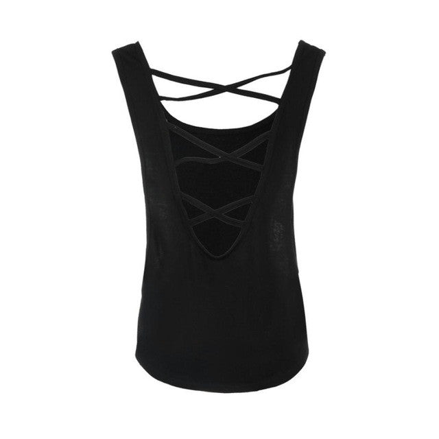 Breathable Tank Tops Bandage Corss Hollow Out Tops Summer Casual Loose Vest Fitness Wear Chalecos Mujer#121 SM6