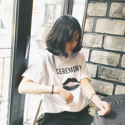 CEREMONY Letter Black Lip Print t-shirt  New Women Harajuku T shirts Women Short Sleeve Female O-neck Tops Plus Size 72671 SM6