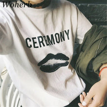 CEREMONY Letter Black Lip Print t-shirt  New Women Harajuku T shirts Women Short Sleeve Female O-neck Tops Plus Size 72671 SM6