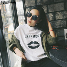 CEREMONY Letter Black Lip Print t-shirt  New Women Harajuku T shirts Women Short Sleeve Female O-neck Tops Plus Size 72671 SM6