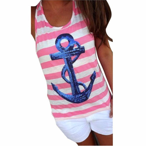 Camisas Femininas  Sequin Anchor Women Stripe Tops Sleeveless TShirt Women Tee Shirt Femme SM6